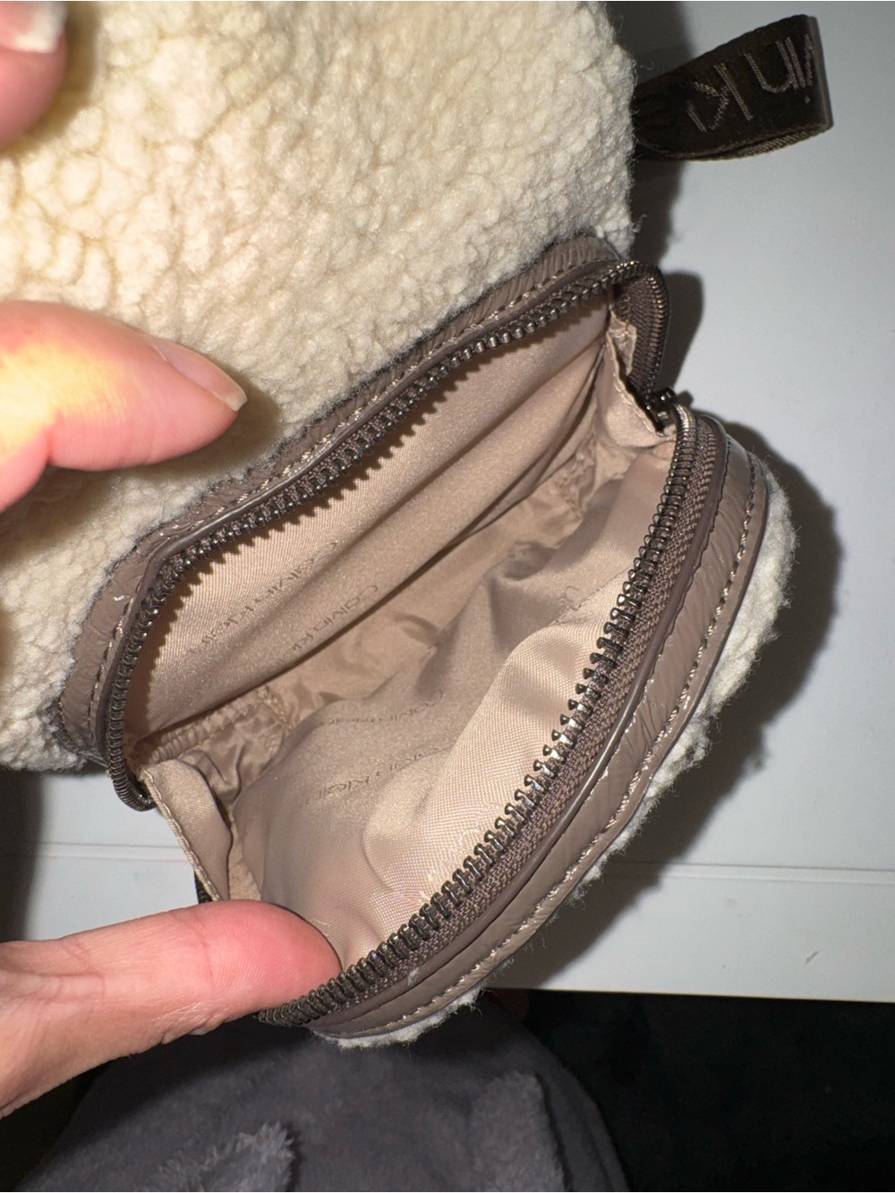 Calvin Klein Cream Sherpa Mini Backpack with Brown Trim - Picture 7 of 8